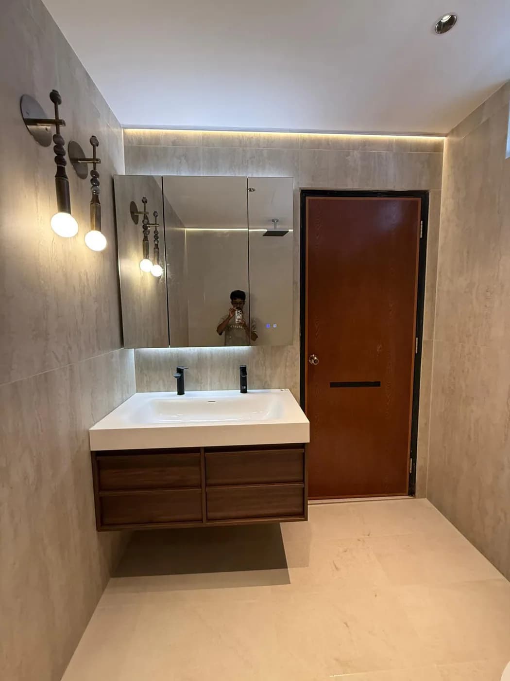 Completed bathroom vanity with fitted storage